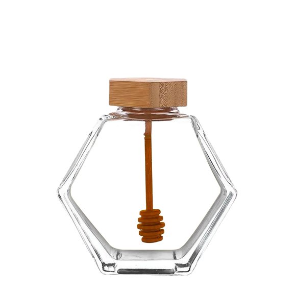 220Ml Solid Wood Covered Glass Bottle,Hexagonal Glass Bottle with Wooden Packaging Bottle Small Container Storage Jar for Home Kitchen