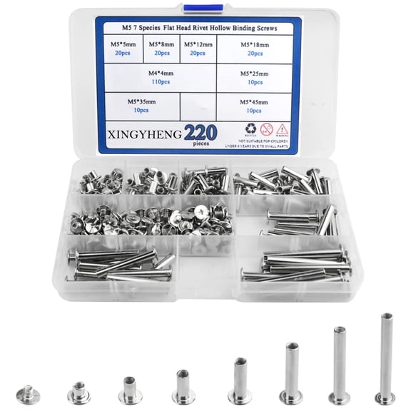 220PCS(110 Set) M5 7 Species Stainless Flat Head Rivet Hollow Binding Screws T-Shape Round Docking Rivet Assortment Kit for Scrapbook Album Binding and Leather Repair