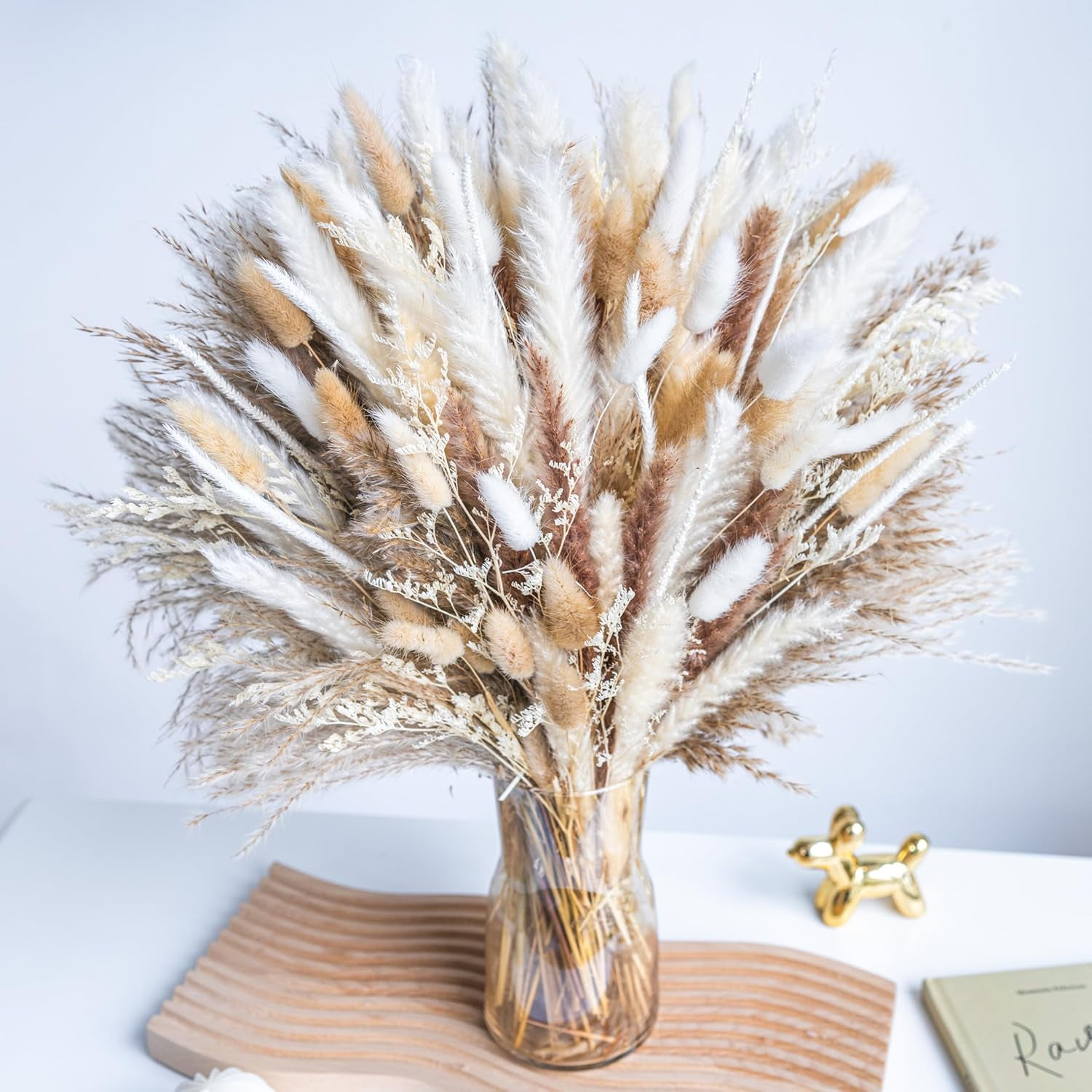 220PCS Natural Dried Pampas Grass Bouquet, Phragmites Dried Flowers Boho Home Decor for Wedding Floral Arrangements & Living Room Decorations