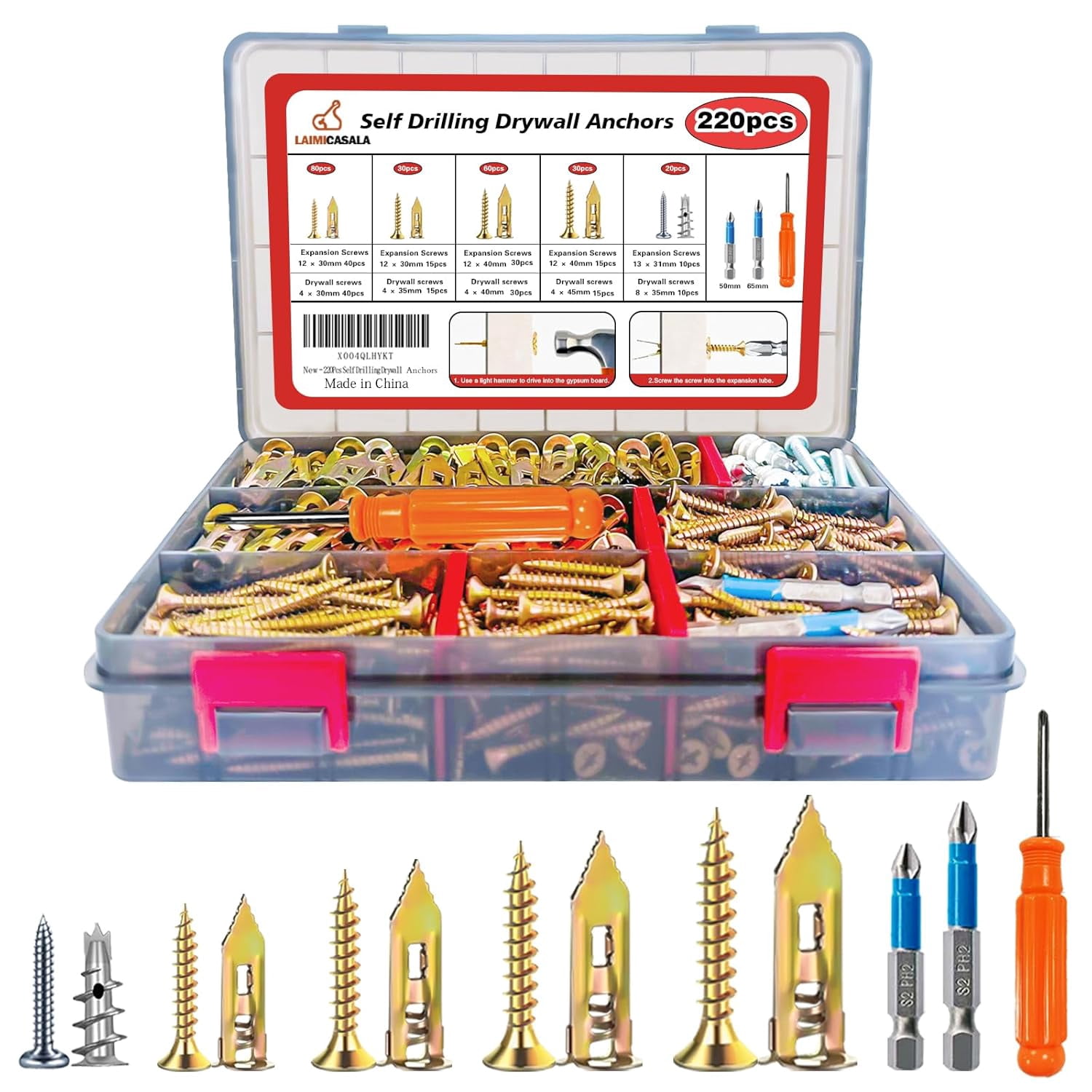 220PCS Self Drilling Drywall Anchors with Screws Kit,5-Sizes Metal Expansion Bolt for Dry Wall,110 PCS Sheetrock Anchors and 110 PCS Screws-No Drill Needed