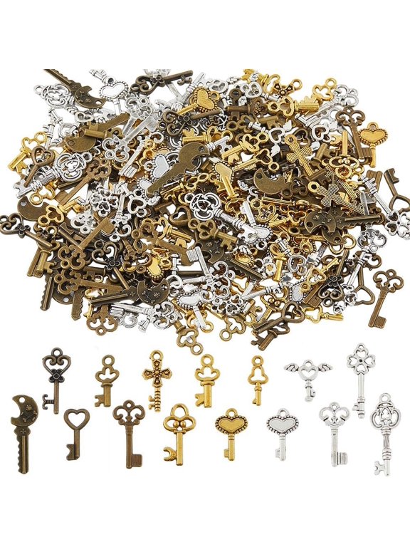 220Pcs 15 Styles Vintage Skeleton Key Set Pendants Key Charms Alloy Key Pendant Tibetan Style Bronze Charm Steampunk Gear Pendant for Jewelry Making Decorative Key Zippers