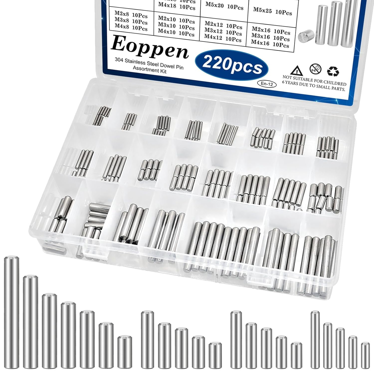 220Pcs 304 Stainless Steel Dowel Pin - 22 Sizes M2 M3 M4 M5 Cylindrical Shelf Support Pin Fasten Elements Assortment Kit