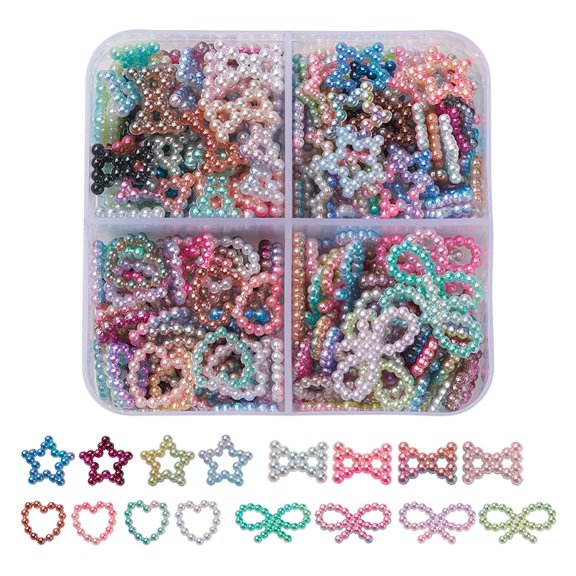 220Pcs 4 Styles Rainbow ABS Plastic Imitation Pearl Linking Rings Gradient Mermaid Pearl Heart & Bowknot & Star Mixed Color 11~18.5x9~12x2mm 220pcs/box