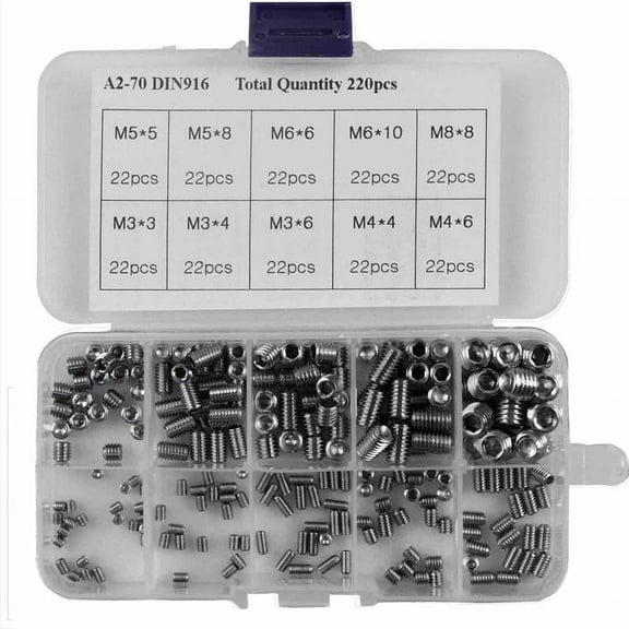 220Pcs Assorted Headless Grub Screws, Stainless Steel Hex Socket Cup Point Set Screws