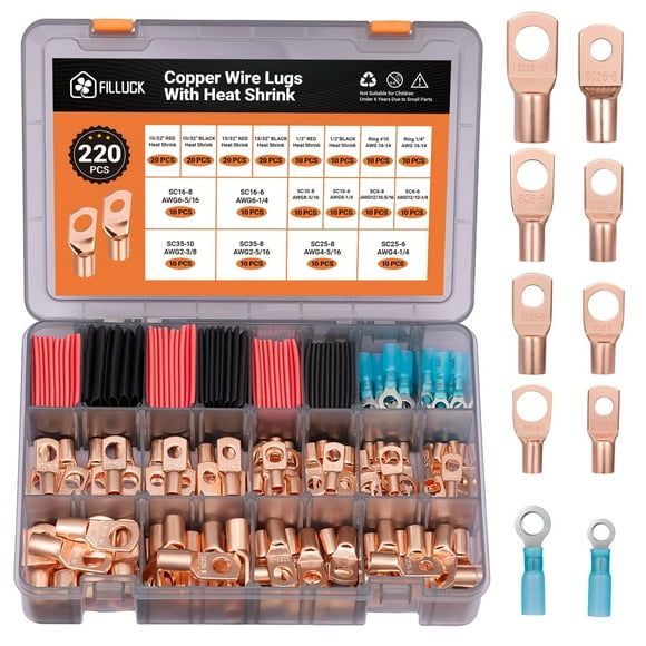 Filluck 220Pcs Copper Wire Lugs AWG 2 4 5 6 8 10 12 with Heat Shrink Set, Battery Cable Lugs Battery Cable Ends Ring Terminals Connectors with Heat Shrink Tubing Assortment Kit