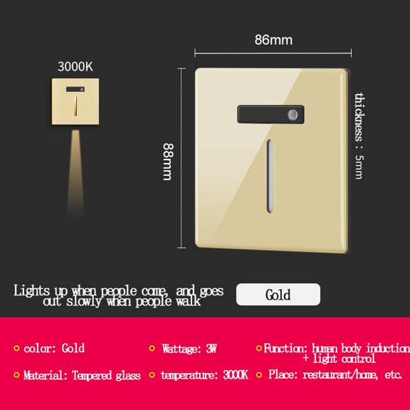 220V Recessed 86 Box Motion Sensor LED Step Light, Tempered Glass Embedded Stair Skirting Corridor Aisle Night Light