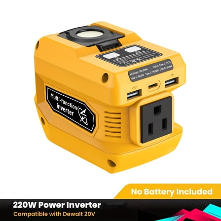 220W DeWalt Battery-Compatible Power Inverter - 20V to 110V with USB Type-C 400LM Light (Tool Only)