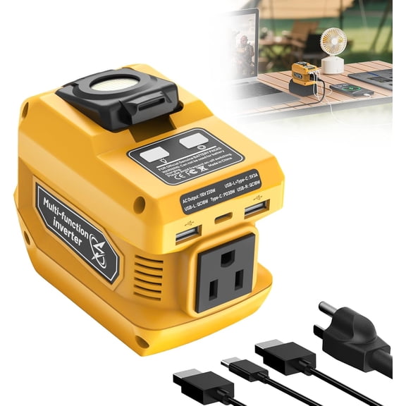 220W Portable Power Inverter Compatible with 20V Battery, DC to AC 110V Battery Inverter, Station 400LM LED Work Light, 1 Outlet, 2 USB Ports &1 Type-C, Fast Charging
