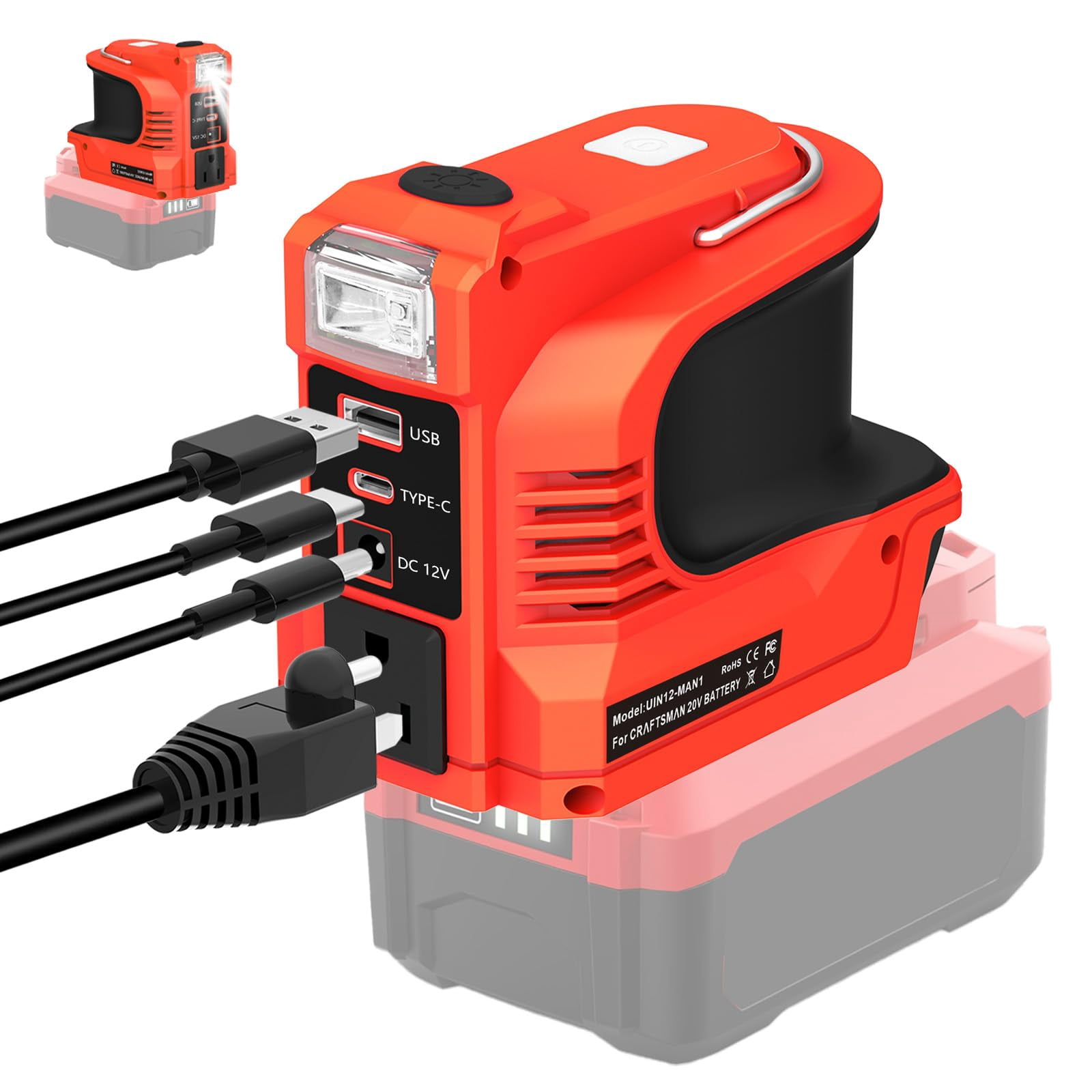 220W Power Inverter for Craftsman 20V Battery, Portable Power Supply Inverter DC 20V to AC 120V for Craftsman V20 Battery with USB & Type-C & AC Outlet & LED Light