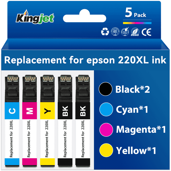 Kingjet Ink Compatible with Epson 220 Ink for Epson Ink 220 (2 Black Cyan Magenta Yellow, 5-Pack)