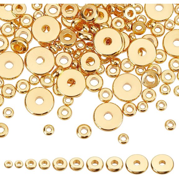 220pcs 18K Gold Plated Flat Round Spacer Beads 5 Sizes Brass Circle Disc Gasket Loose Bead Set 3/4/5/6/8mm Small Handmade Beads for DIY