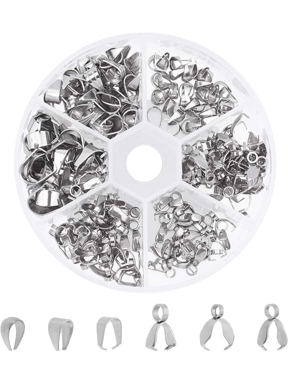 About 220pcs 6 Sizes Stainless Steel Snap on Bails Ice Pick Pinch Bails Pendant Bails Connectors Hook Pendant Clasps for DIY Jewelry Making Stainless Steel Color