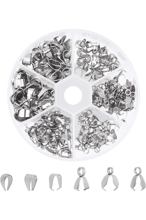 About 220pcs 6 Sizes Stainless Steel Snap on Bails Ice Pick Pinch Bails Pendant Bails Connectors Hook Pendant Clasps for DIY Jewelry Making Stainless Steel Color