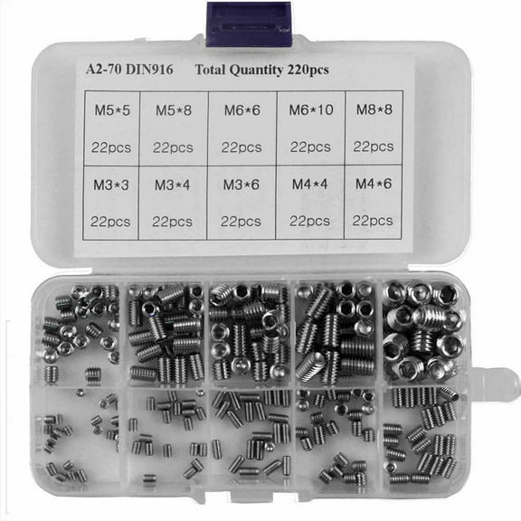 220pcs M3/M4/M5/M6/M8 Allen Head Socket Set Screw, 304 Stainless Steel Internal Hex Drive Grub Screw Assortment Kit