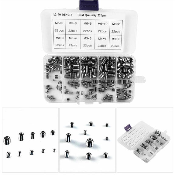 220pcs M3 M4 M5 M6 M8 Stainless Steel Head Hex Socket Set Screws Assortment Kits