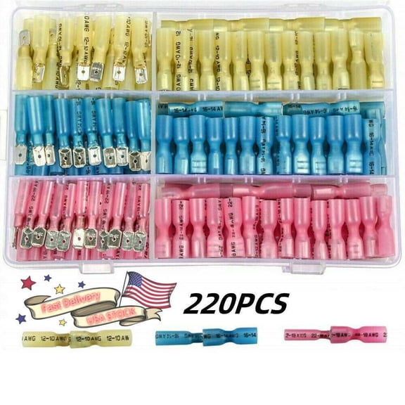 220x Electrical Heat Shrink Spade Connectors Male Female Wire Butt Terminals Kit