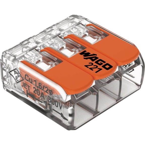 221-613 | WAGO Lever-Nuts Splicing Connector | for Solid and Stranded Conductors | 3-Conductor with Operating levers | 20-10 AWG | Transparent housing | [Bag of 10 Pieces]