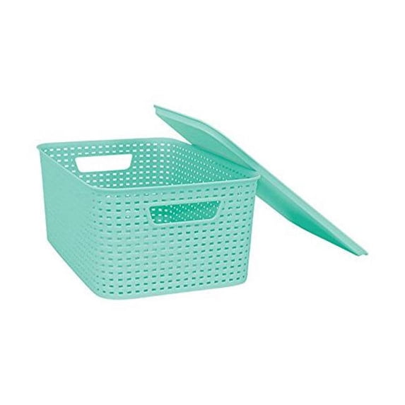 2211004 5.1 X 10.8 X 7.2 in. Plastic Wicker Storage Boxes with Lid Blue - Small- pack of 12