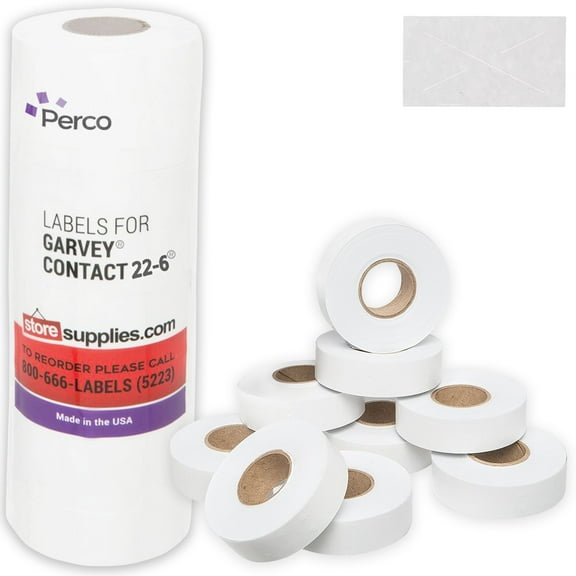Perco 2212 White Pricing Labels for Garvey Contact 22-6/22-7/22-8 Price Gun - 9 Rolls, 11,000 Pricemarking Labels - with Bonus Ink Roll