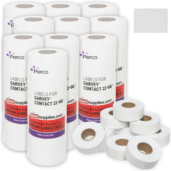 Perco White Garvey 2216 Pricing Labels for Garvey 22-66/22-77/22-88 Two Line Pricing Gun - 90 Rolls, 10 Sleeves - 90,000 Pricemarking Labels and 10 Inkers Included