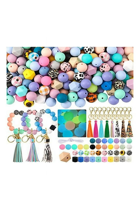 221Pcs 15Mm Bulk Silicone Rubber Keychain Beads with Tassels and Key Chain for DIY Keychain Making Supplies