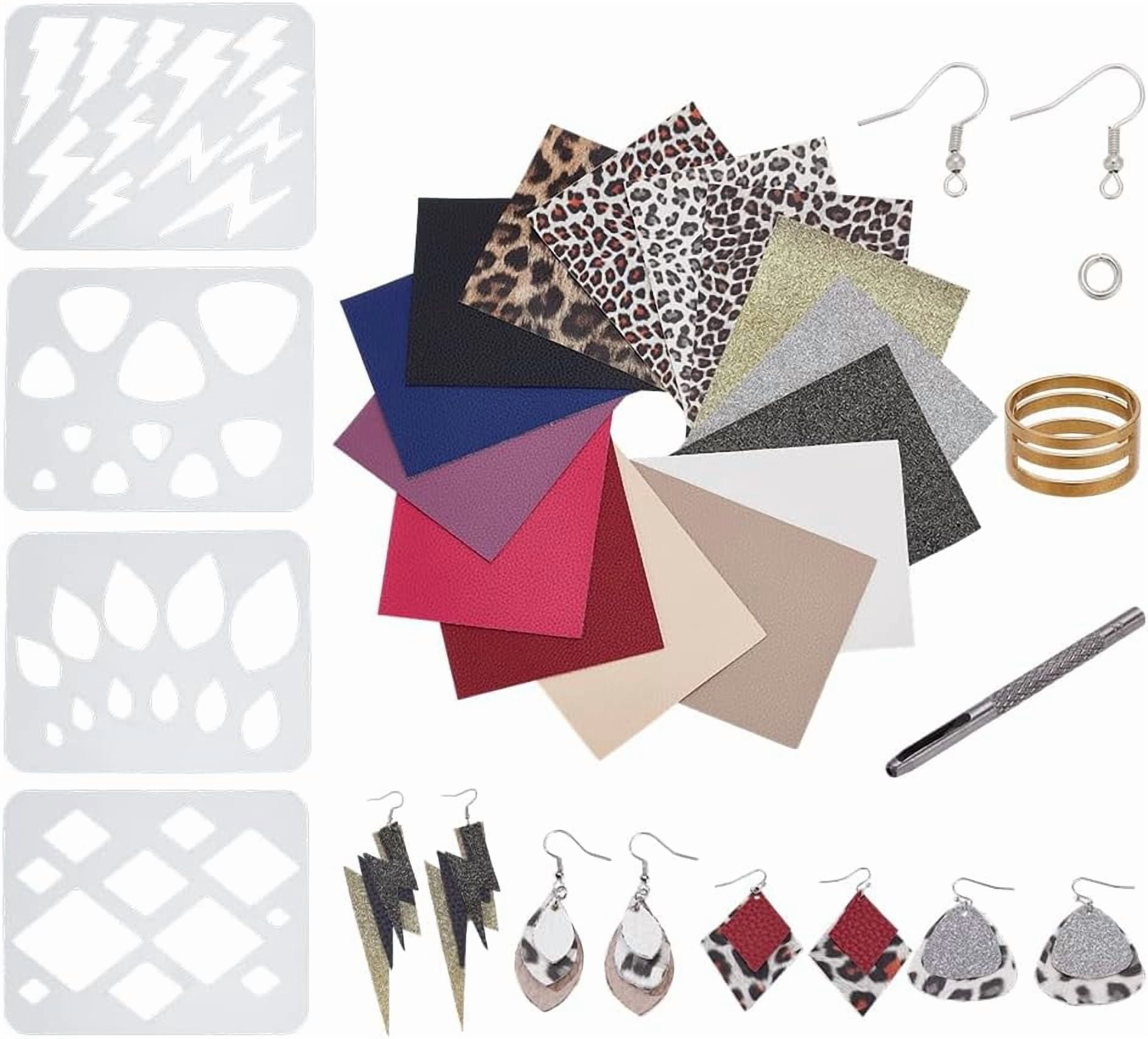 221Pcs Glitter Leather Earrings DIY Making Kit 15Pcs Leopard Printed and Glitter Sequins Leather Sheets 4Pcs Earrings Templates 200Pcs Jump Rings and Earring Hooks for DIY handcrafting