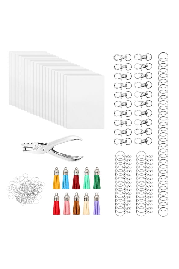 221pcs Shrink Film Set DIY Shrink Paper Keychain Set with Open Ring Hole Punch Keychains Tassels for Key Ring Earring Craft