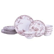 222 Fifth Adelaide Brown on White Porcelain 12 Piece Dinnerware Set, Plates & Bowls, Service for 4