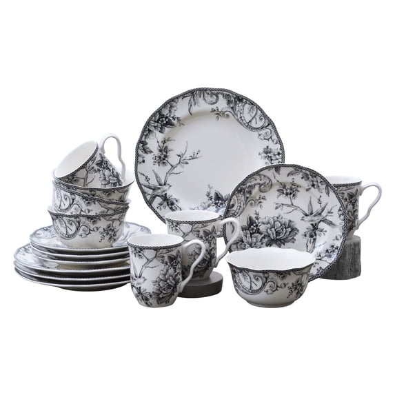 222 Fifth Adelaide Round 16-Piece Porcelain Dinnerware Set, Black Toile, Dishwasher-Safe