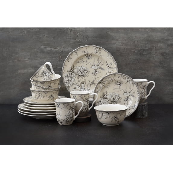 222 Fifth Adelaide Round 16-Piece Porcelain Dinnerware Set, White Toile