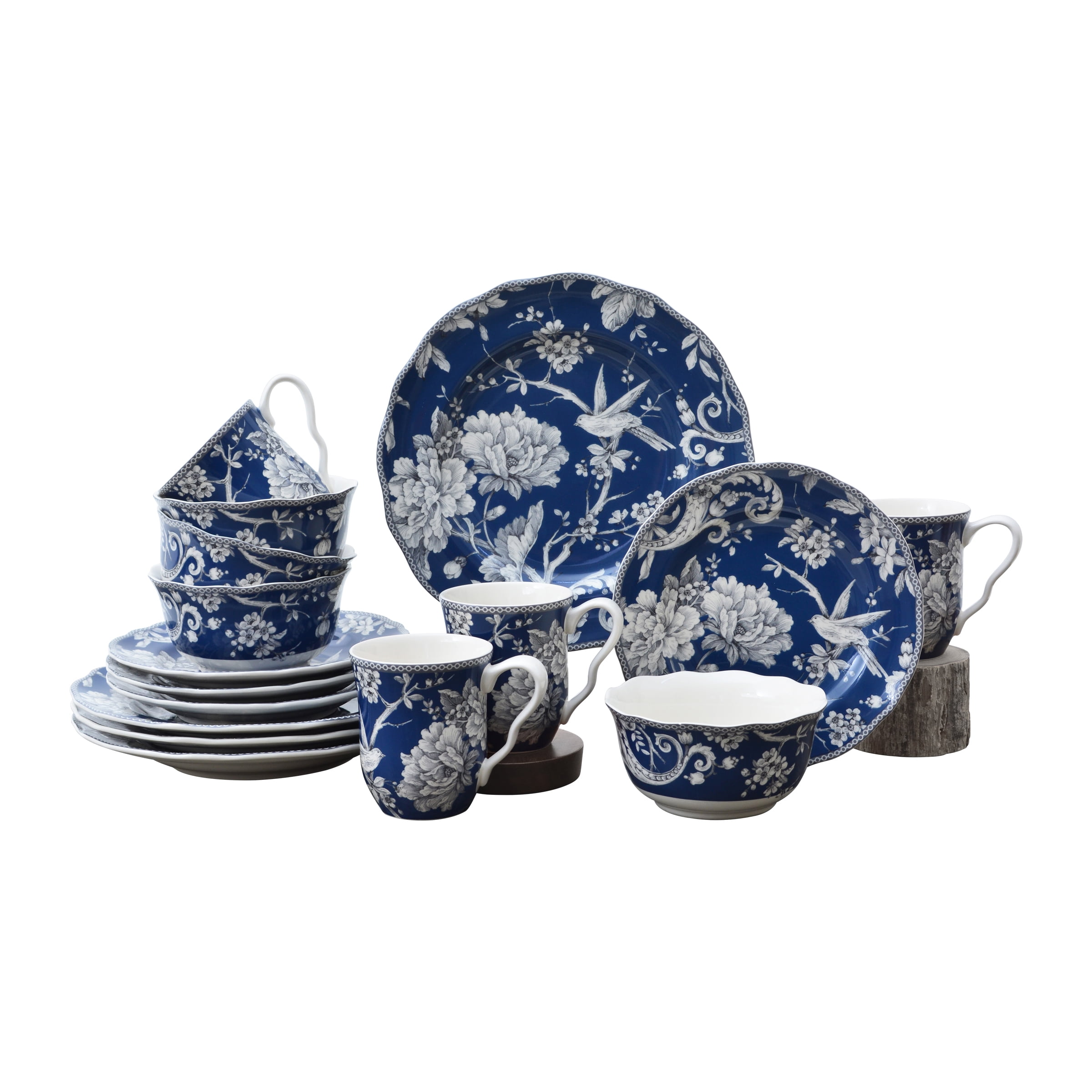 222 Fifth Adelaide Round Porcelain Dinnerware Collection, 16-Piece Set,  Dark Blue Toile