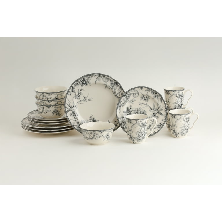 222 Fifth Adelaide Round Porcelain Dinnerware Set, 16 Piece, Grey