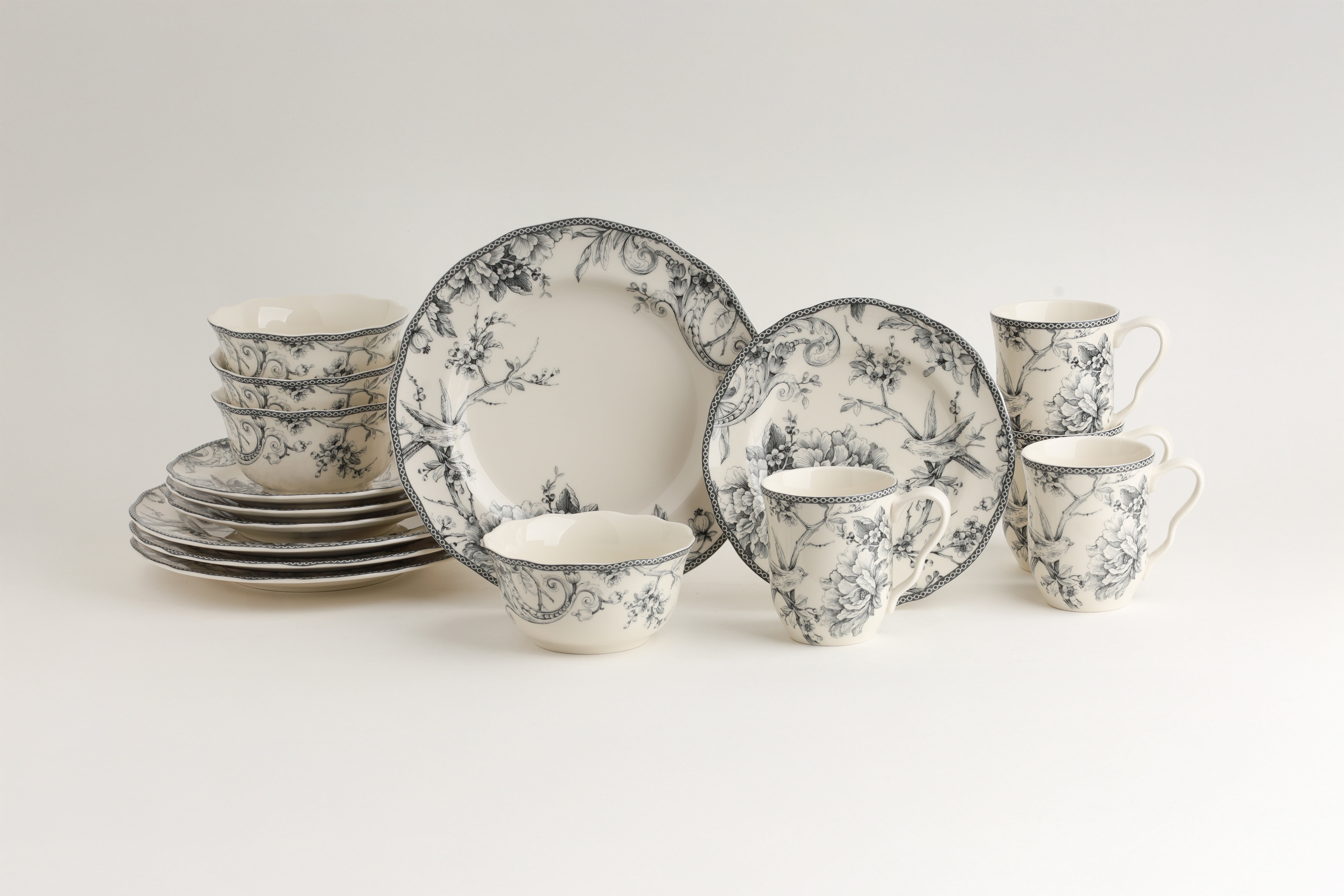 222 Fifth Adelaide Round Porcelain Dish Set, 16 Piece, Grey, Microwave Safe