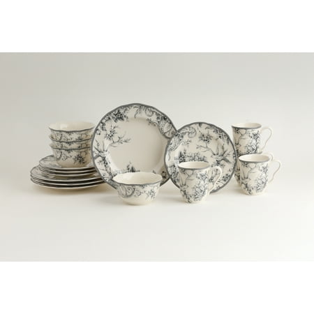 222 Fifth Adelaide Round Porcelain Dinnerware Set, 16 Piece, Gray