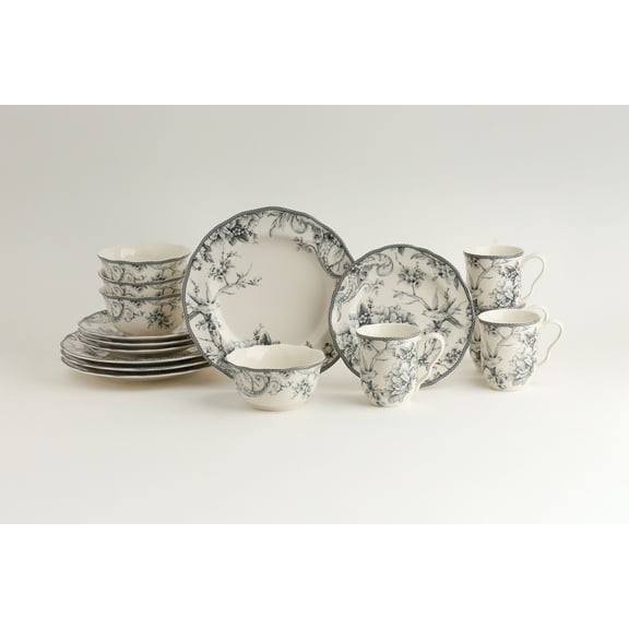 Open Box 222 Fifth Adelaide Round Porcelain Dish Set, 16 Piece, Grey, Microwave Safe