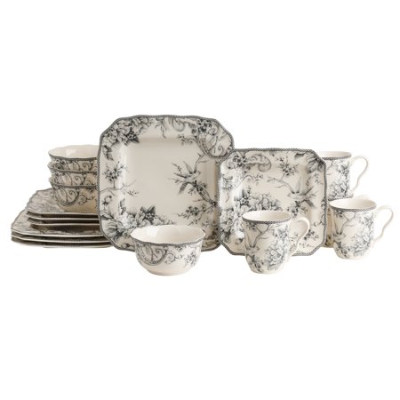 222 Fifth Adelaide Square Porcelain Dinnerware Collection, 16-Piece Set, Grey Toile