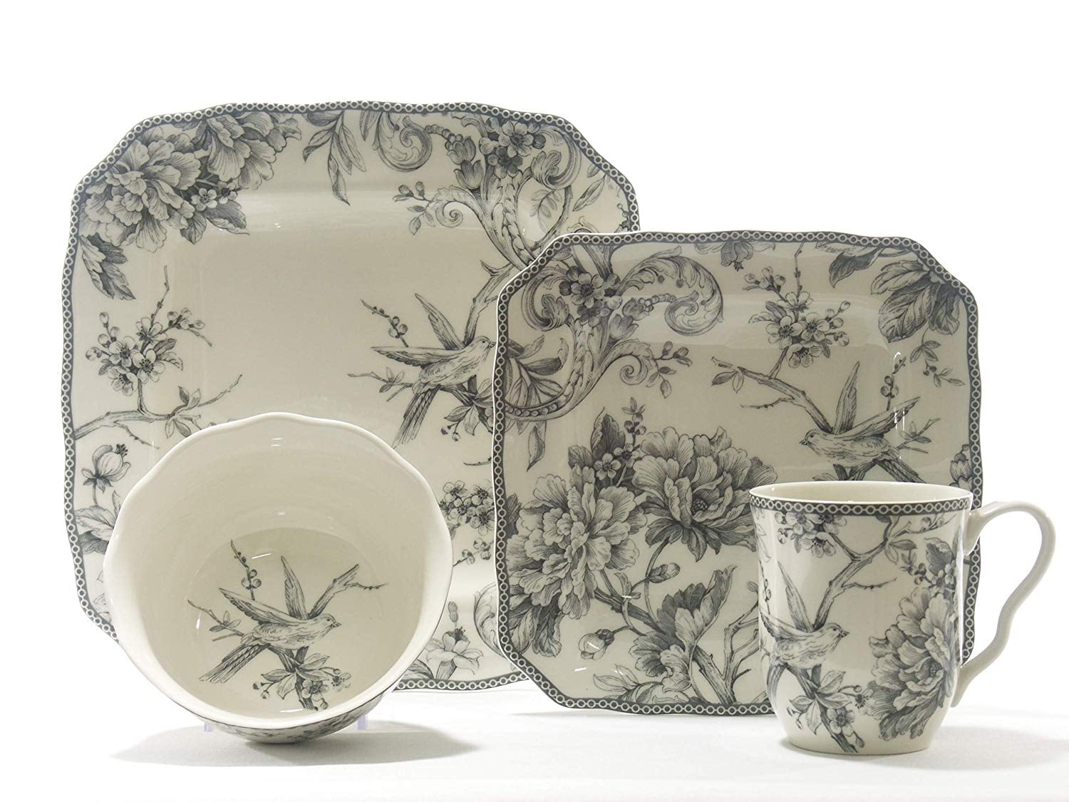 Gray and White Floral Square Porcelain Dinnerware Set, Service for 4