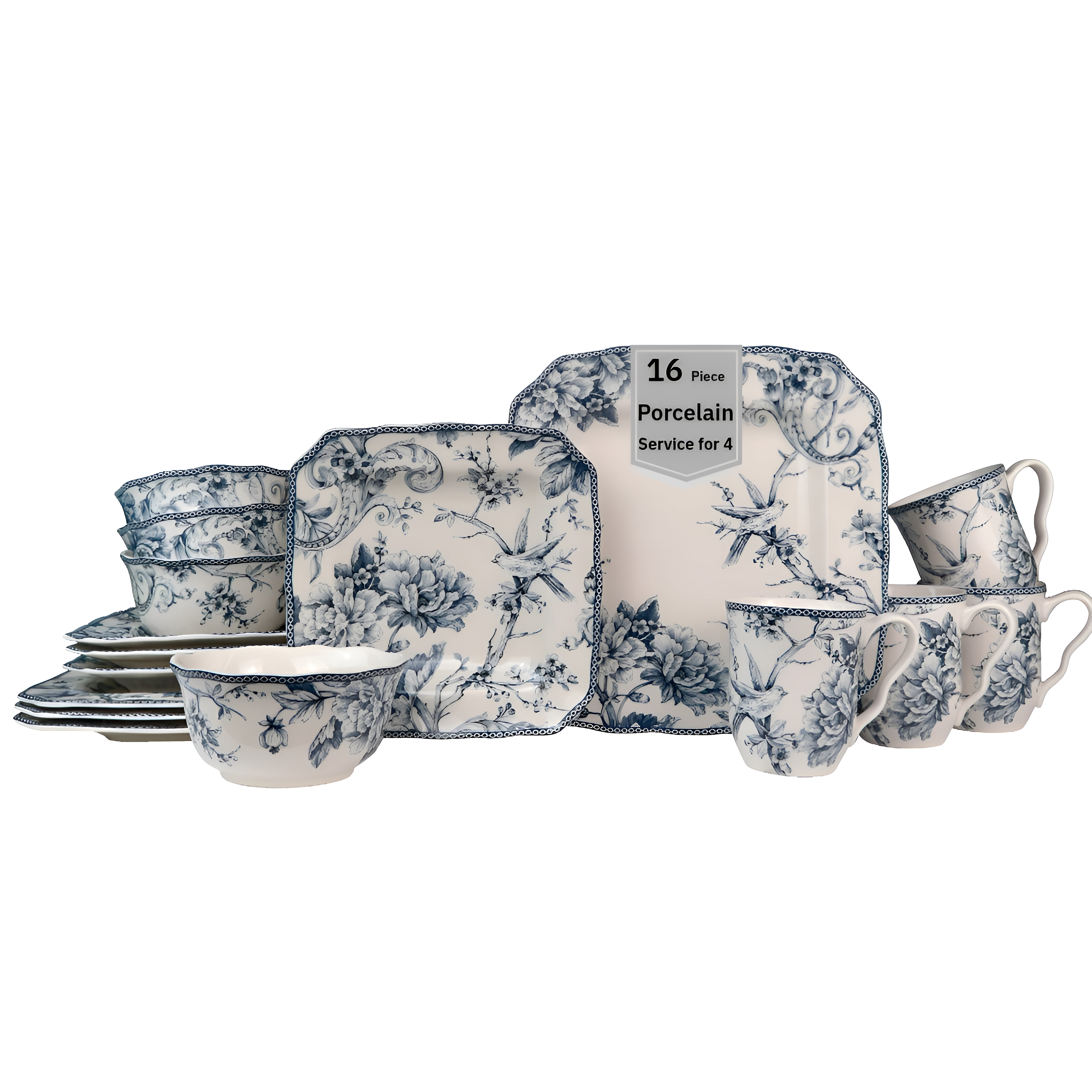 222 Fifth Adelaide Blue Toile 16-Piece Porcelain Dinnerware