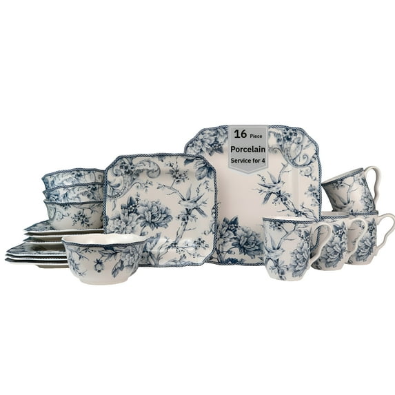 222 Fifth Adelaide Square Blue Toile Porcelain Dinnerware Set, 16-Piece