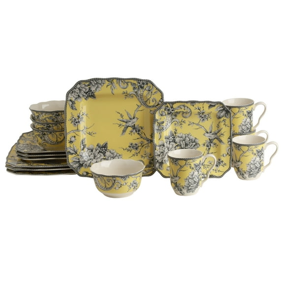 222 Fifth Adelaide Yellow Porcelain Dinnerware Set, 16 Piece with Dishes