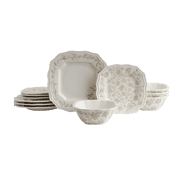 222 Fifth Batik Toile Taupe Porcelain 12-Piece Dinnerware Set, with Plates and Bowl, Service for 4