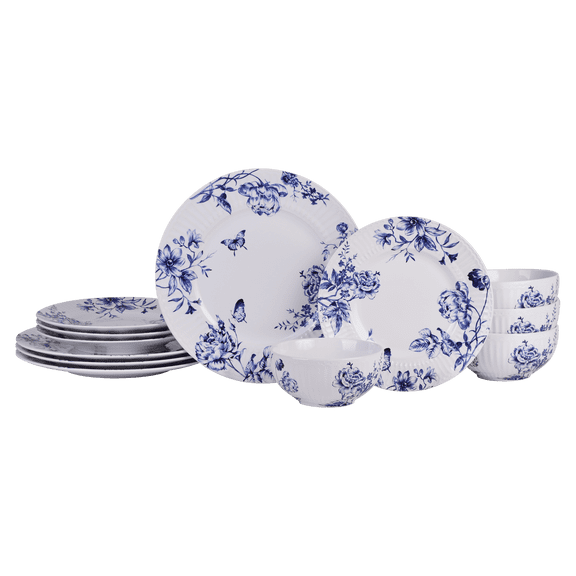 222 Fifth Cassian Embossed Toile Blue Porcelain 12-Piece Dinnerware Set
