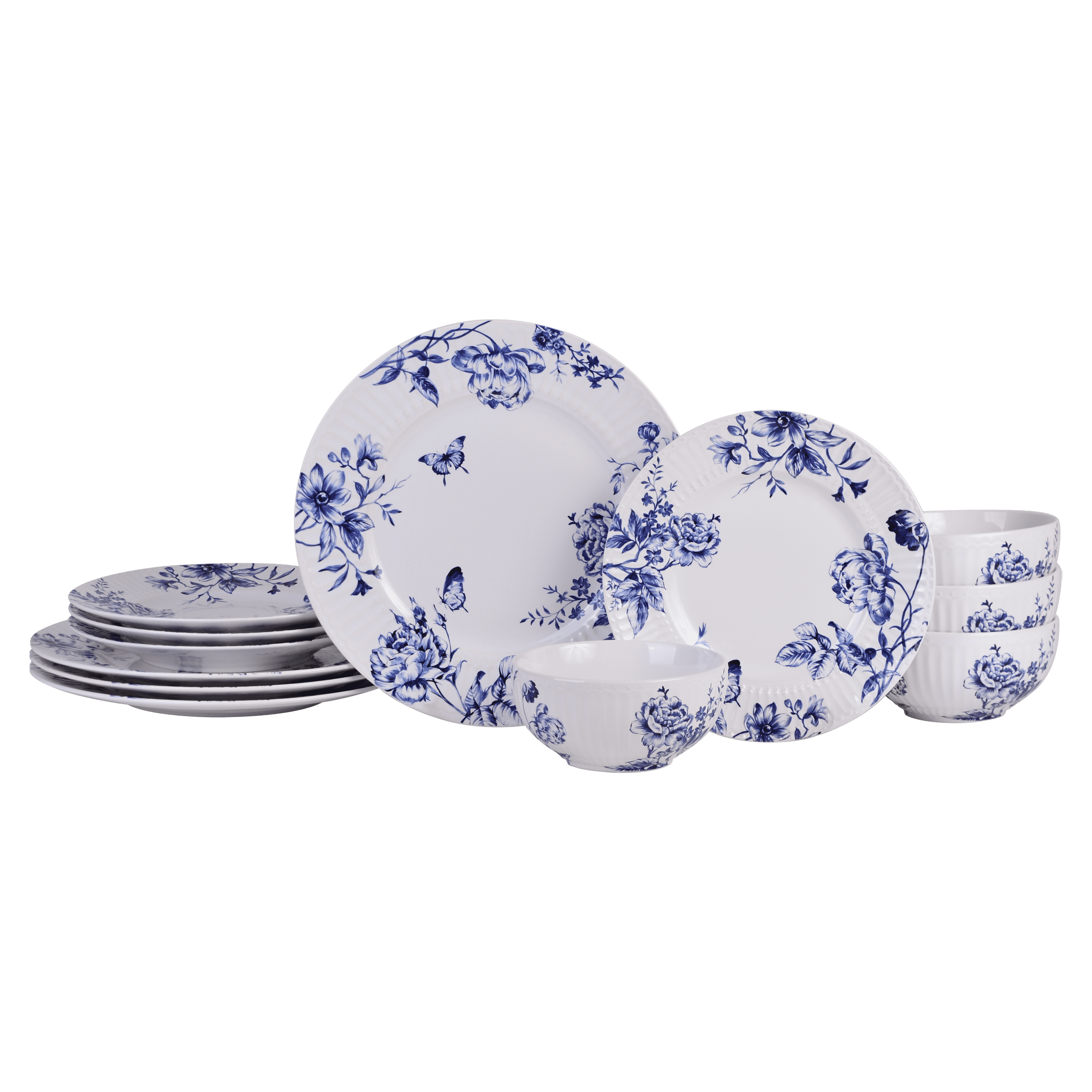 Cassian Blue Floral Embossed Porcelain 12-Piece Dinnerware Set