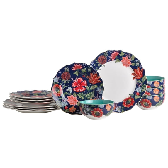 222 Fifth Chintz 12-Piece Blue Porcelain Dinnerware Set with Gold Trim