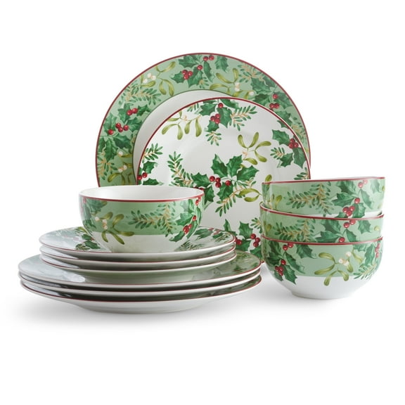 222 Fifth Christmas Foliage Porcelain Dinnerware Set, 12-Piece, Green/White