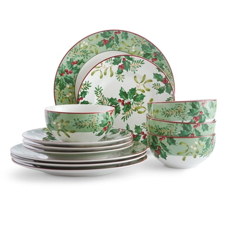 222 Fifth Christmas Foliage Porcelain Dinnerware Set, 12-Piece, Green and White