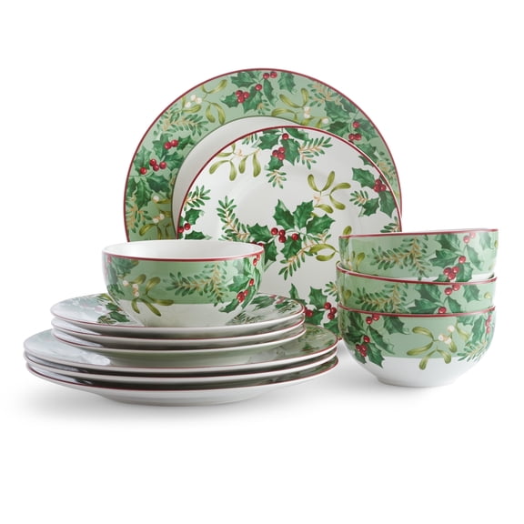 222 Fifth Christmas Foliage Porcelain Dinnerware Set, 12-Piece, Green and White
