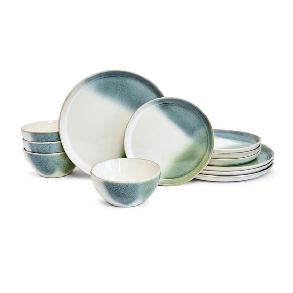 222 Fifth Color Block Reactive 12-Piece Dinnerware Set, Green/Blue