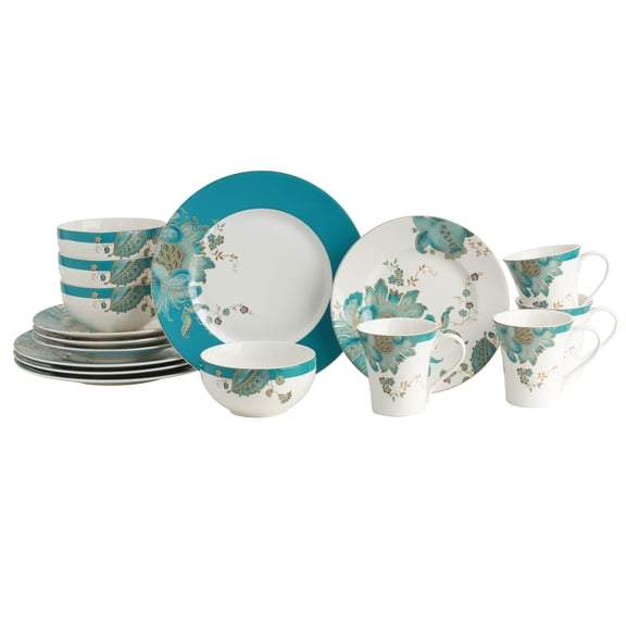 222 Fifth Eliza 16-Piece Porcelain Dinnerware Set, Blue, Dishwasher Safe