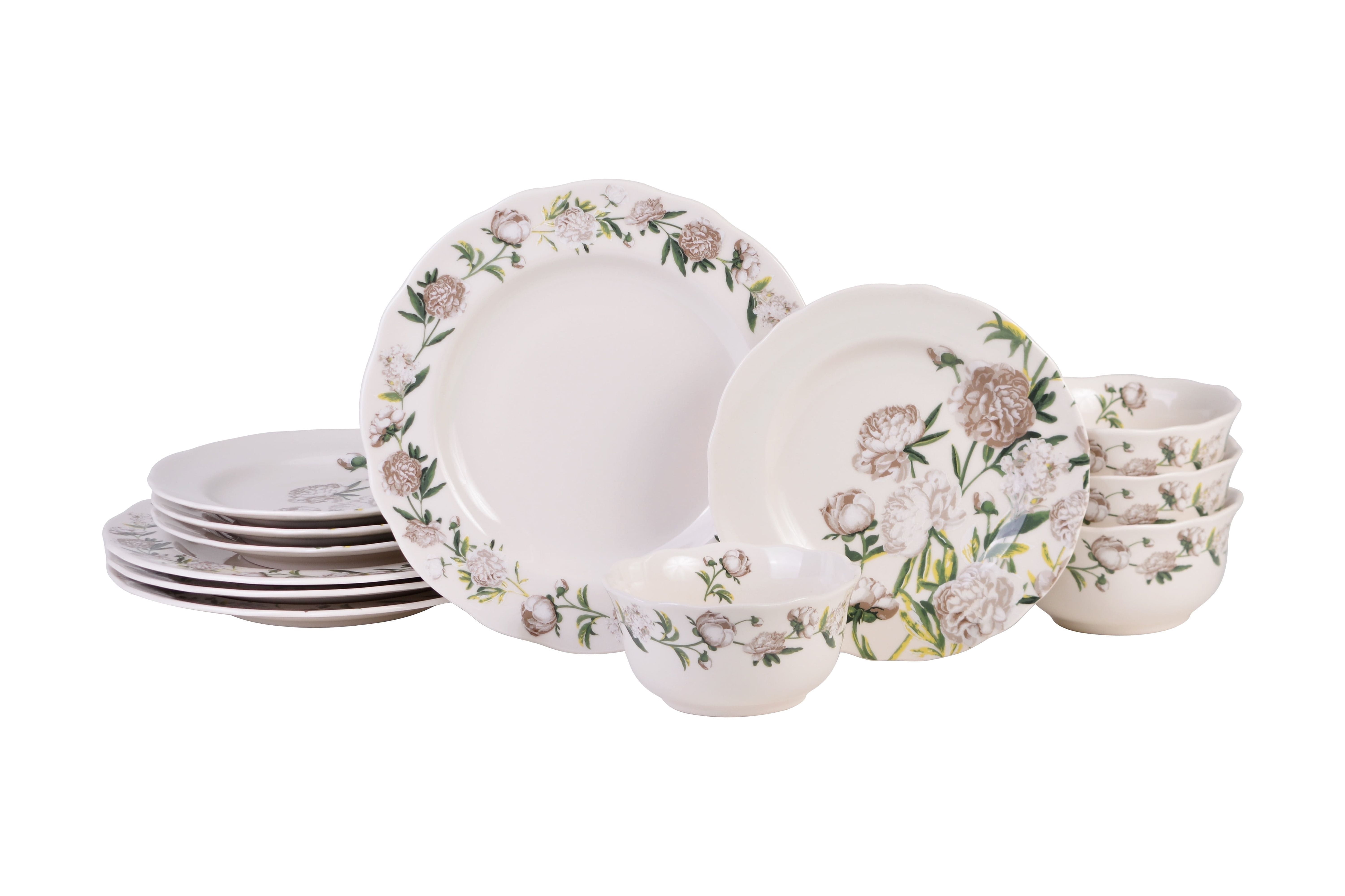 222 Fifth Luxe Peony Neutral Porcelain 12-Piece Dinnerware Set